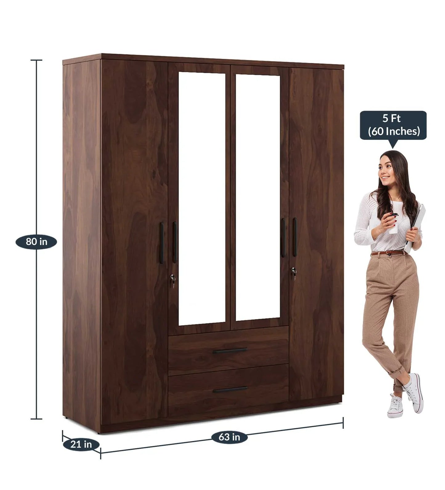 4 Door Wardrobe With Mirror In Sheesham Woodpore Finish With Locker & Drawer