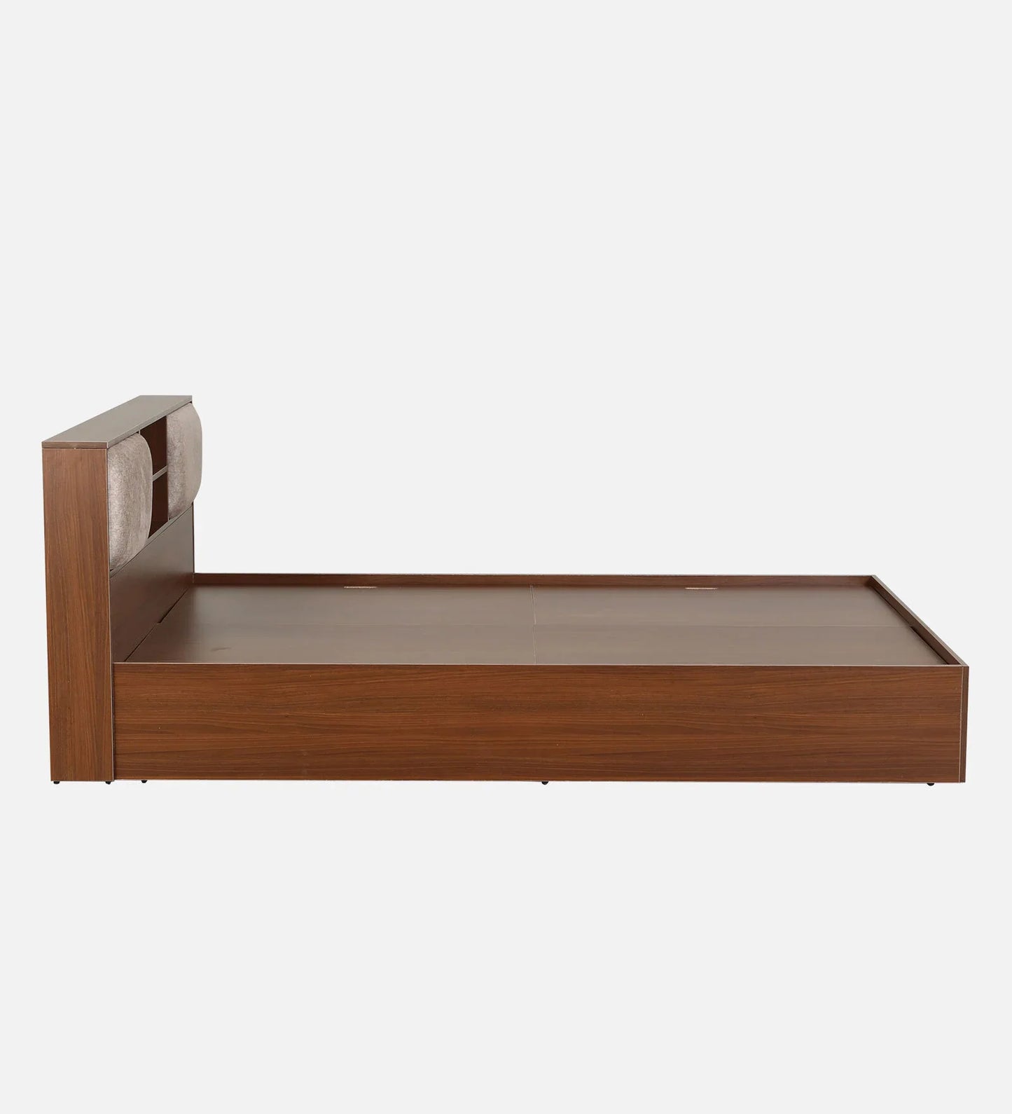 King size Bed in Planked Walnut Finish with Box Storage & Upholstered Headboard Storage