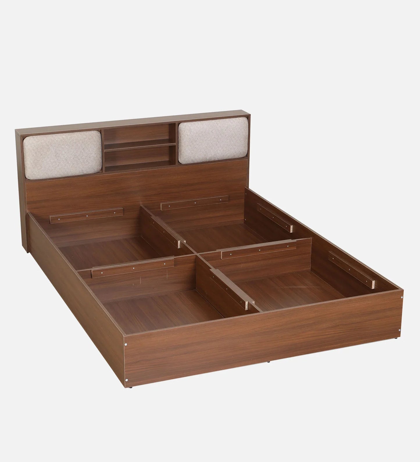 King size Bed in Planked Walnut Finish with Box Storage & Upholstered Headboard Storage