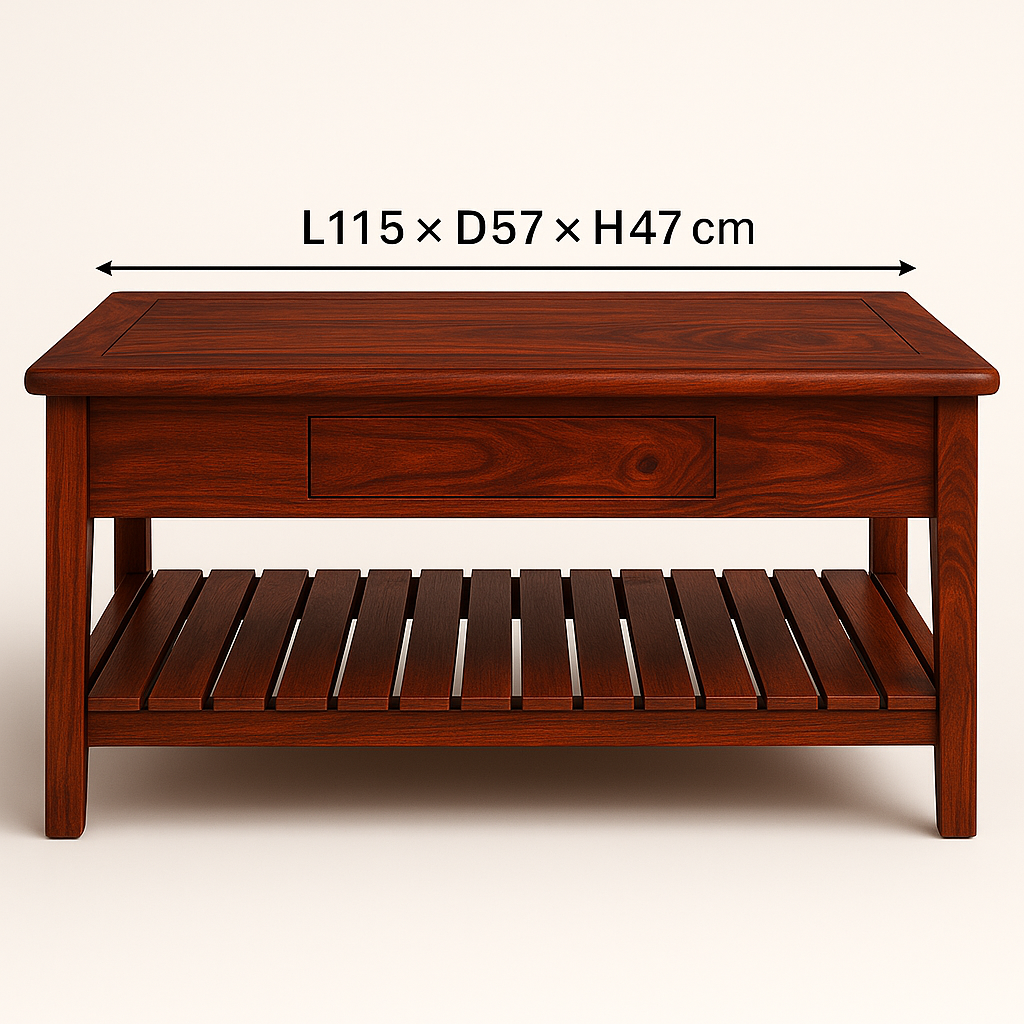 Front view of solid wood tea table with dimensions labeled L115 × D57 × H47 cm, featuring drawer and slatted shelf.