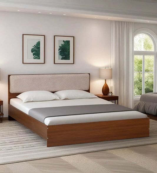 King size Bed in Planked Walnut Finish with Upholstered Headboard