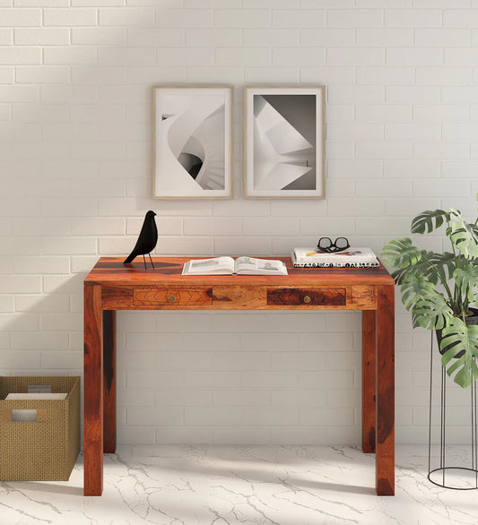 Sheesham Wood Writing Table in Scratch Resistant Honey Oak Finish With Drawers