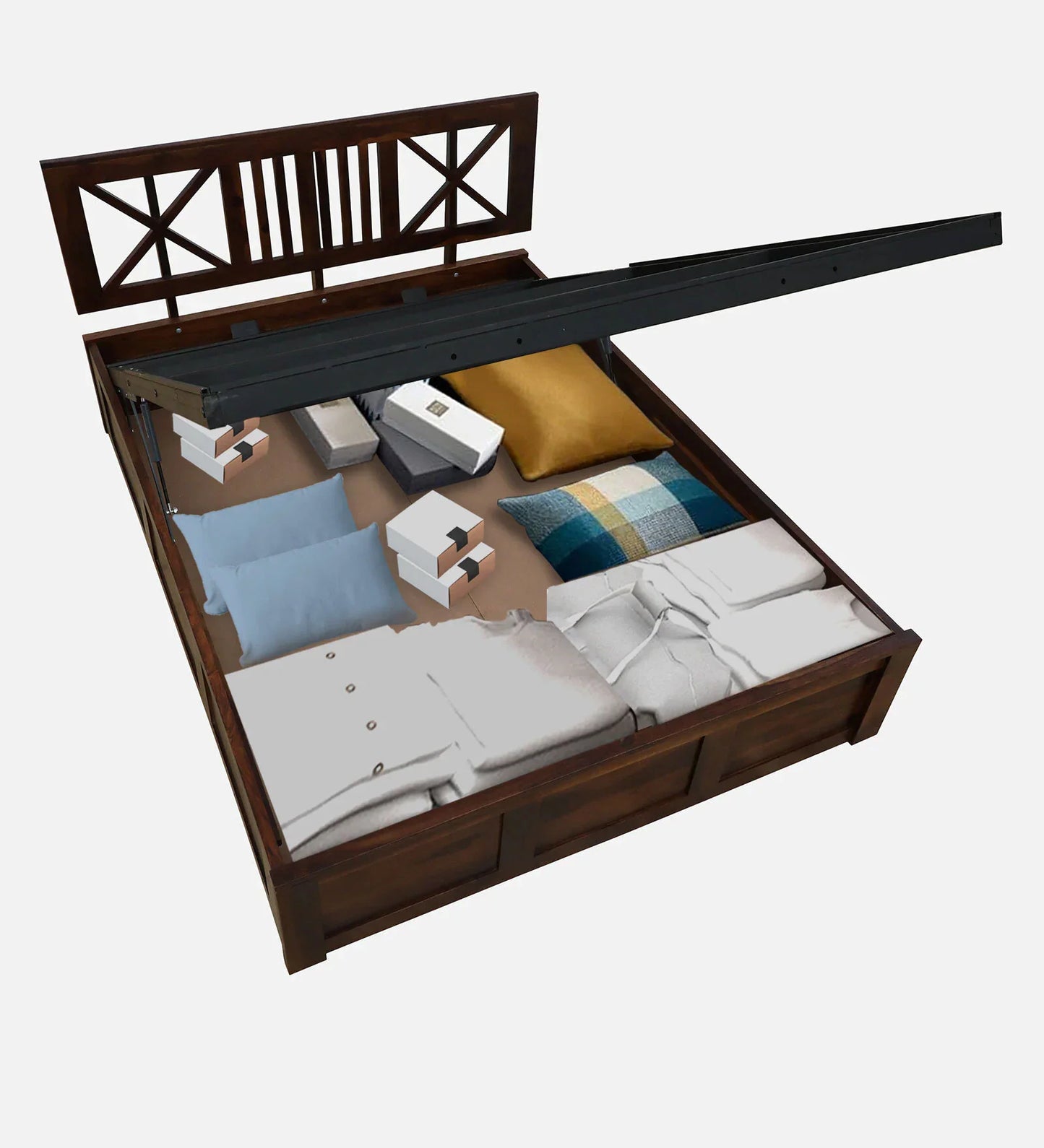 Sheesham Wood Queen Size Bed In Provincial Teak Finish With Headboard & Hydraulic Storage