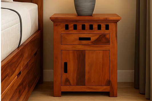 Sheesham Wood Bedside Table | End Table | Sofa Side Table with 1 Door and Drawer for Living Room, Bedroom, Hotel and Home, Honey Finish (L43 x D33 x H56  In CM)