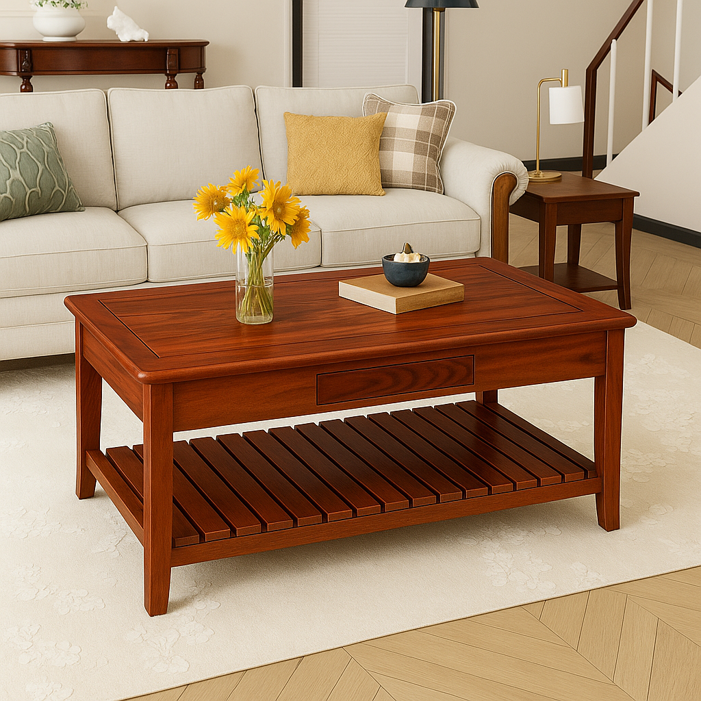 Solid wooden tea table with drawer and lower slatted shelf, finished in rich walnut color, product view on plain background.